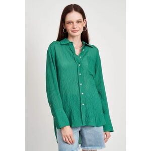 Nyland Green Crinkle Textured Button Down Blouse Shirt Rayon Blend High Low